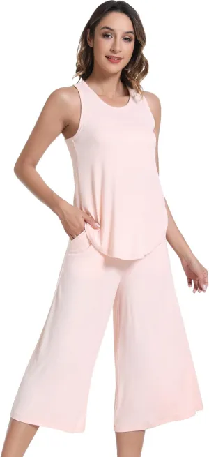 NACHILA Pajamas for Women-Viscose Made from Bamboo,Ribbed Pjs Racerback Tank Top and Capri Pants Sleeveless Pajama Sets