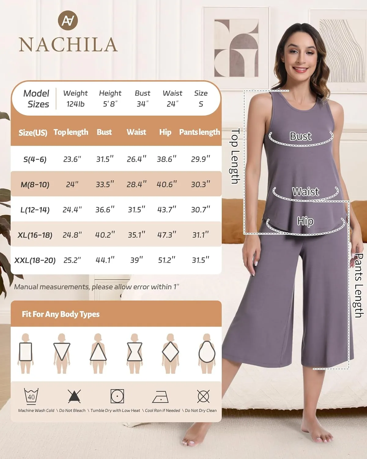 NACHILA Pajamas for Women-Viscose Made from Bamboo,Ribbed Pjs Racerback Tank Top and Capri Pants Sleeveless Pajama Sets