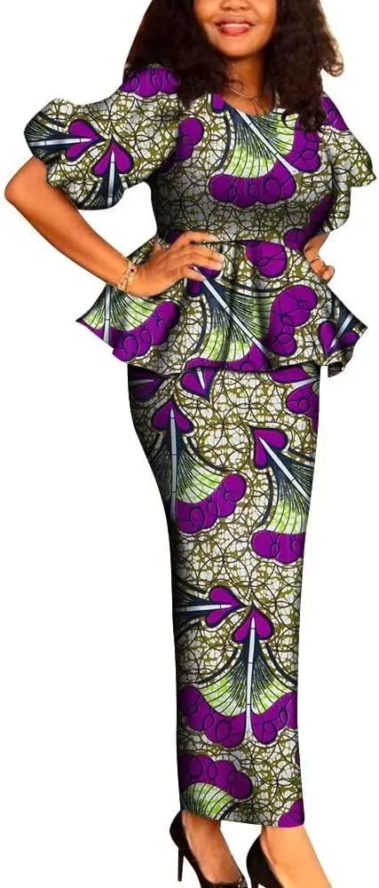 New Dashiki African Women 2 Pieces Outfits Set Print O-Neck Ruffles Tops and Long Skirt Sets Clothing