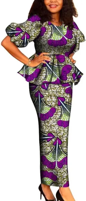 New Dashiki African Women 2 Pieces Outfits Set Print O-Neck Ruffles Tops and Long Skirt Sets Clothing