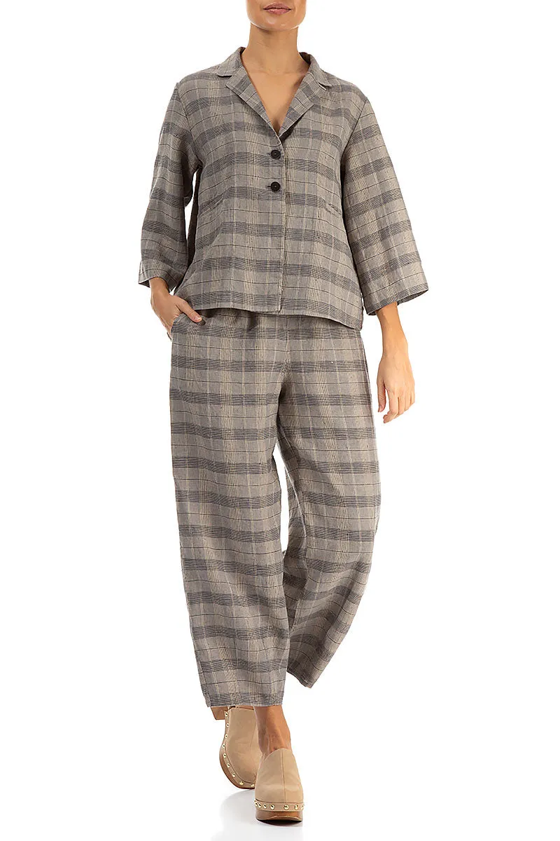 Notched Collar Greige Check Linen Jacket