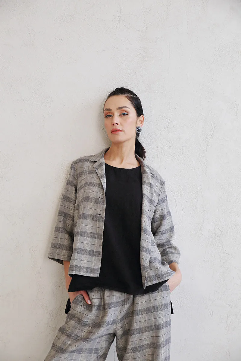 Notched Collar Greige Check Linen Jacket