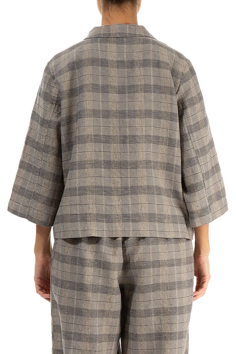 Notched Collar Greige Check Linen Jacket