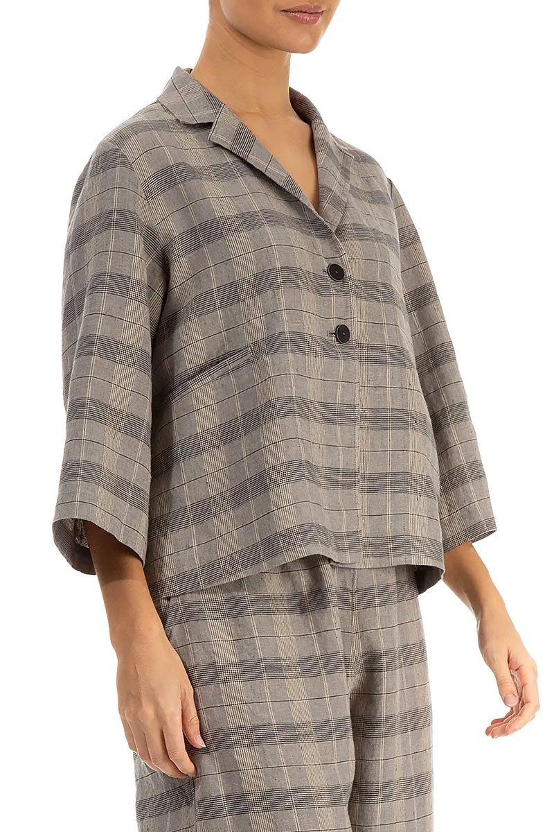 Notched Collar Greige Check Linen Jacket
