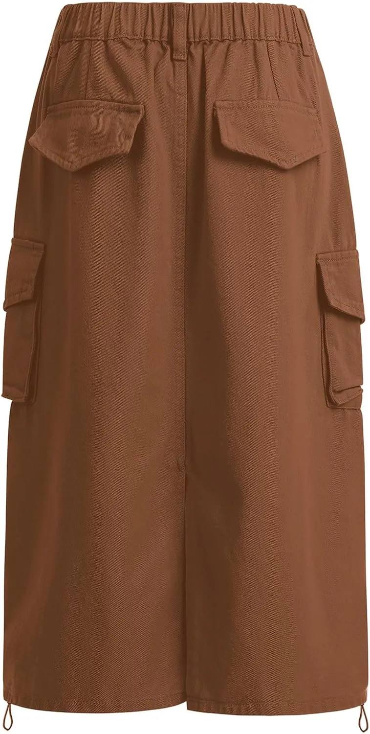 ODASDO Long Cargo Skirts for Women Denim Skirts Split Back Drawstring Maxi Skirt Casual Cargo Skirt with Pockets