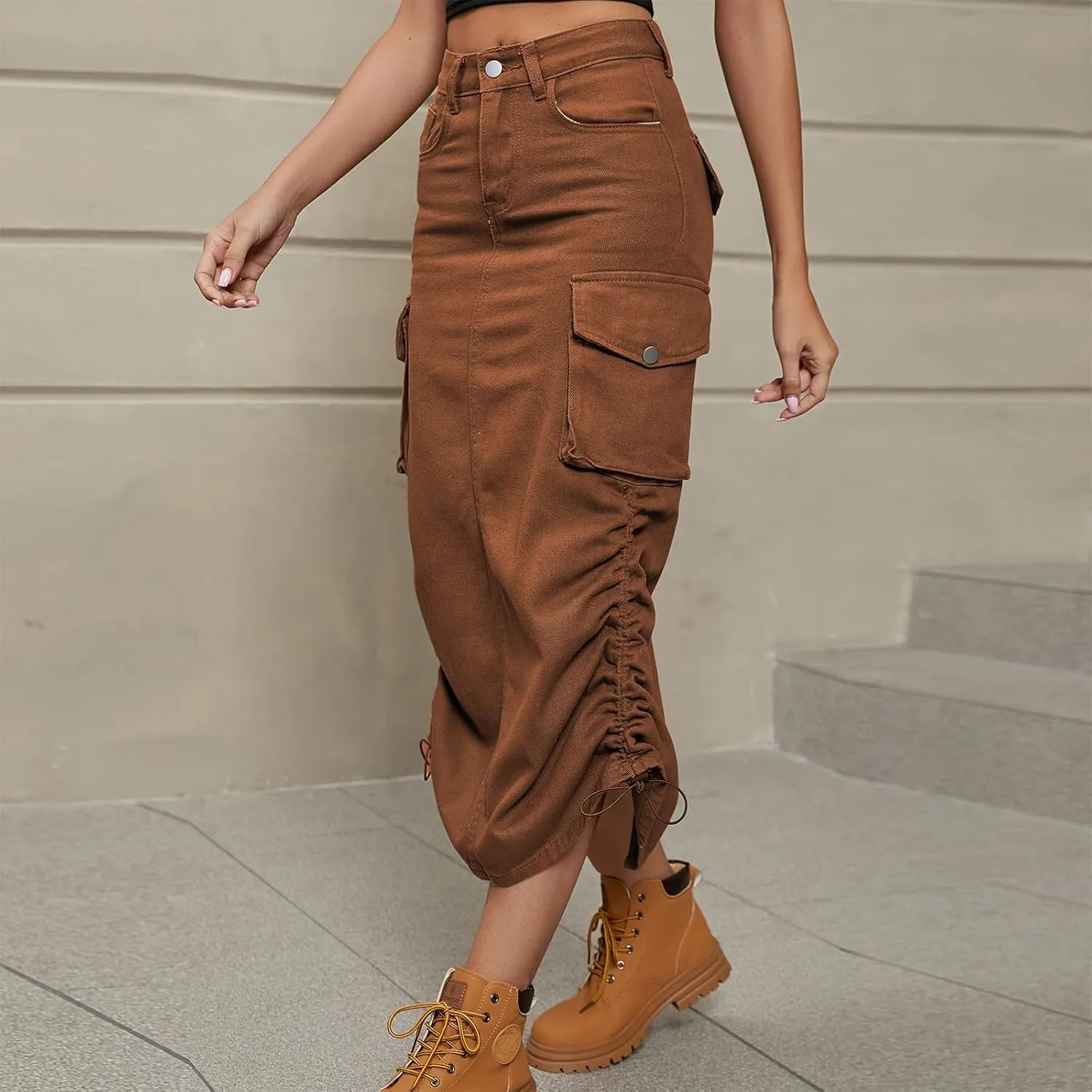 ODASDO Long Cargo Skirts for Women Denim Skirts Split Back Drawstring Maxi Skirt Casual Cargo Skirt with Pockets