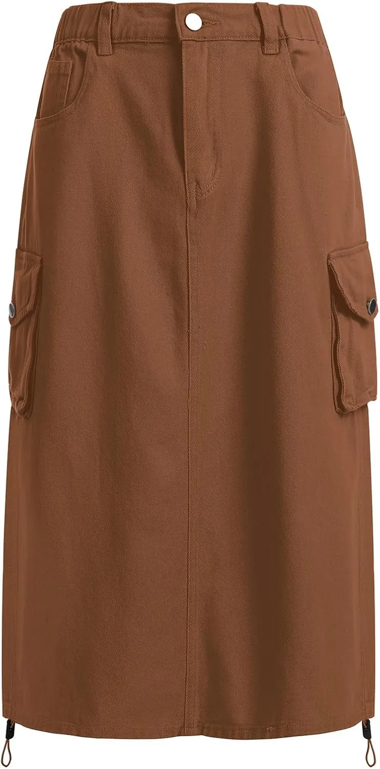 ODASDO Long Cargo Skirts for Women Denim Skirts Split Back Drawstring Maxi Skirt Casual Cargo Skirt with Pockets