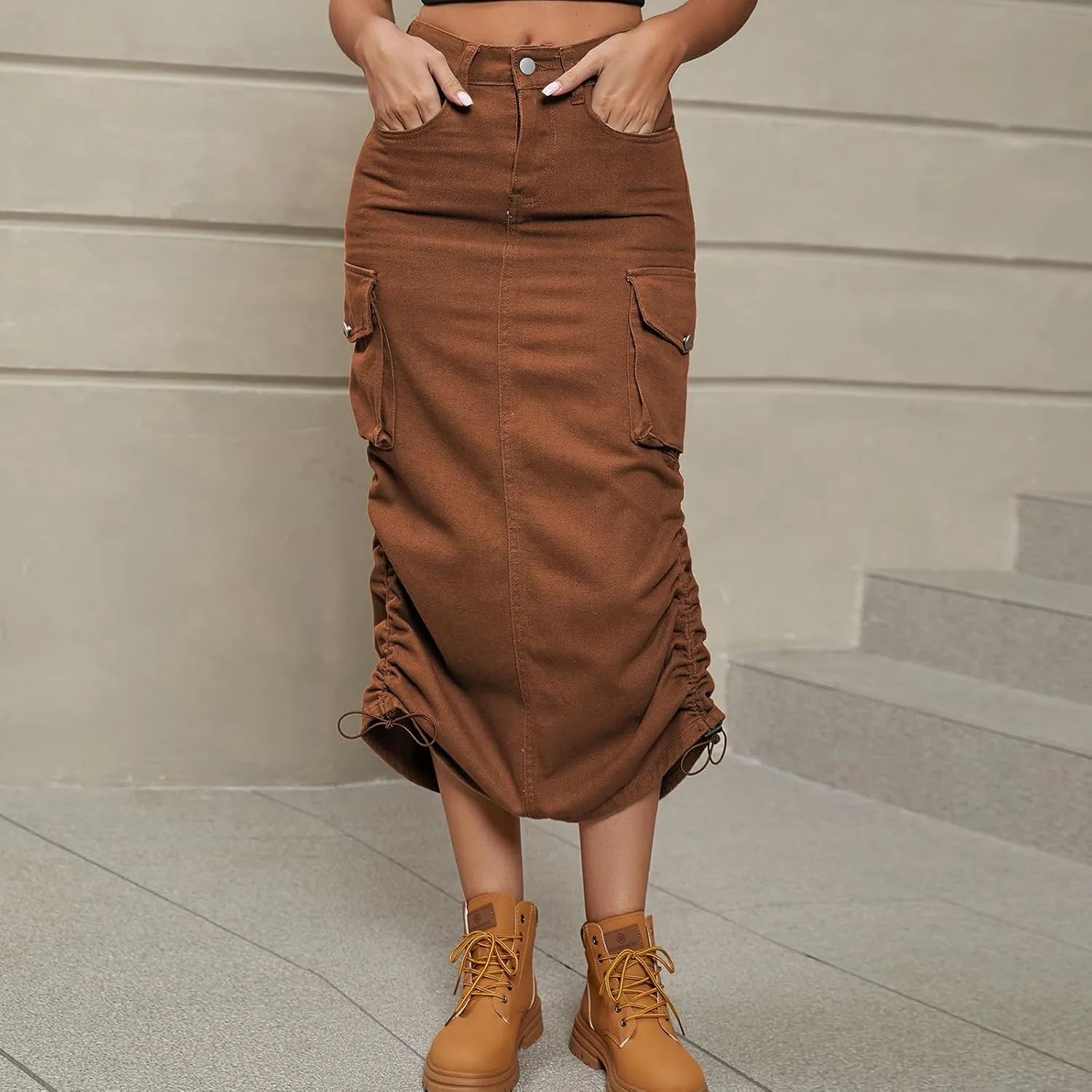 ODASDO Long Cargo Skirts for Women Denim Skirts Split Back Drawstring Maxi Skirt Casual Cargo Skirt with Pockets