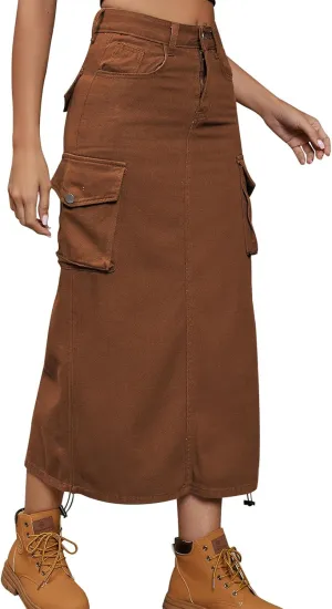 ODASDO Long Cargo Skirts for Women Denim Skirts Split Back Drawstring Maxi Skirt Casual Cargo Skirt with Pockets