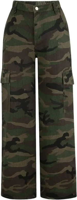OYOANGLE Girl's Camo Print Cargo Pants Flap Pocket Mid Waist Wide Leg Casual Jeans