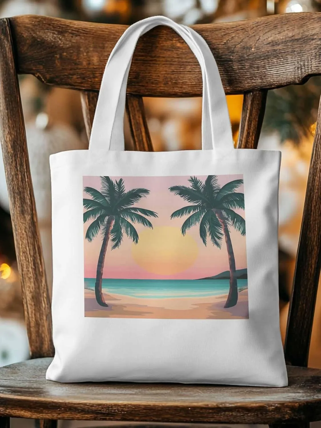 Palm Tree Pink Sunset Canvas Tote Bag, Aesthetic Canvas Tote Handbags for Women Shoulder Bag