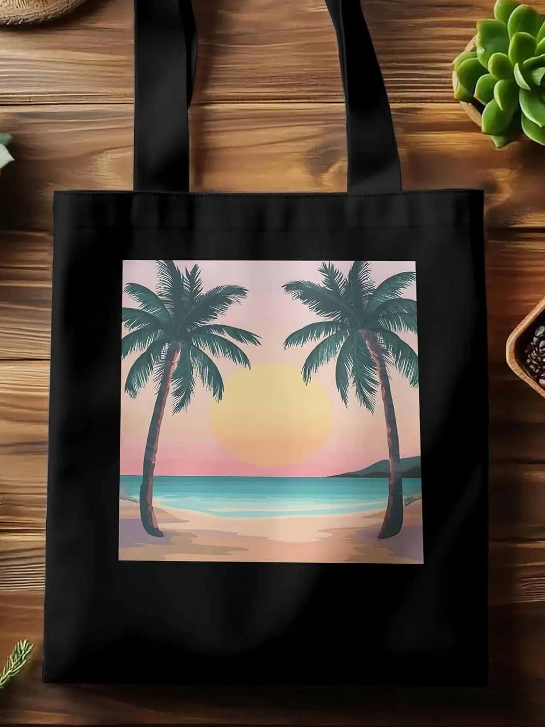 Palm Tree Pink Sunset Canvas Tote Bag, Aesthetic Canvas Tote Handbags for Women Shoulder Bag