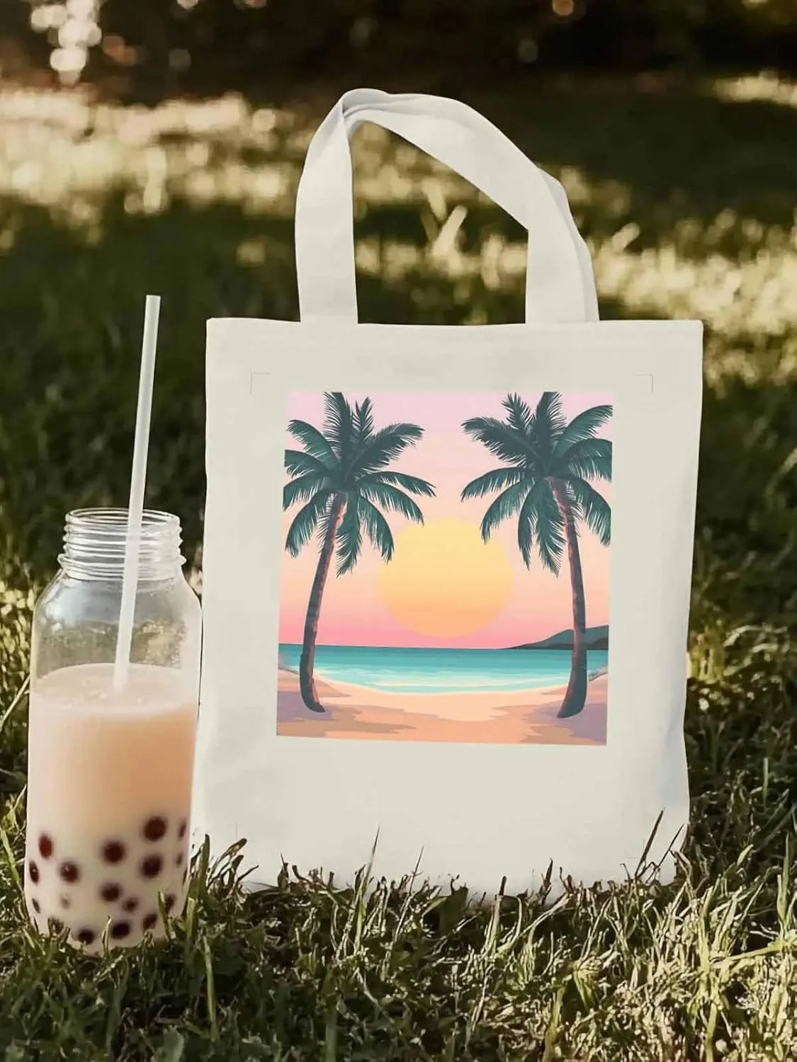 Palm Tree Pink Sunset Canvas Tote Bag, Aesthetic Canvas Tote Handbags for Women Shoulder Bag
