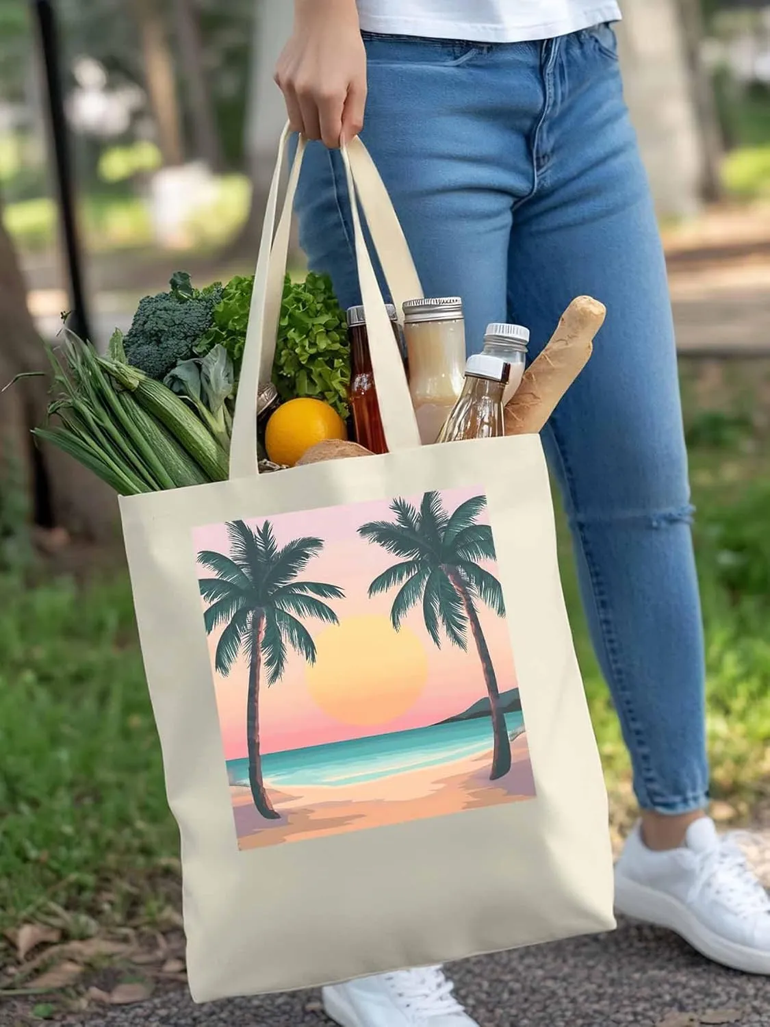 Palm Tree Pink Sunset Canvas Tote Bag, Aesthetic Canvas Tote Handbags for Women Shoulder Bag
