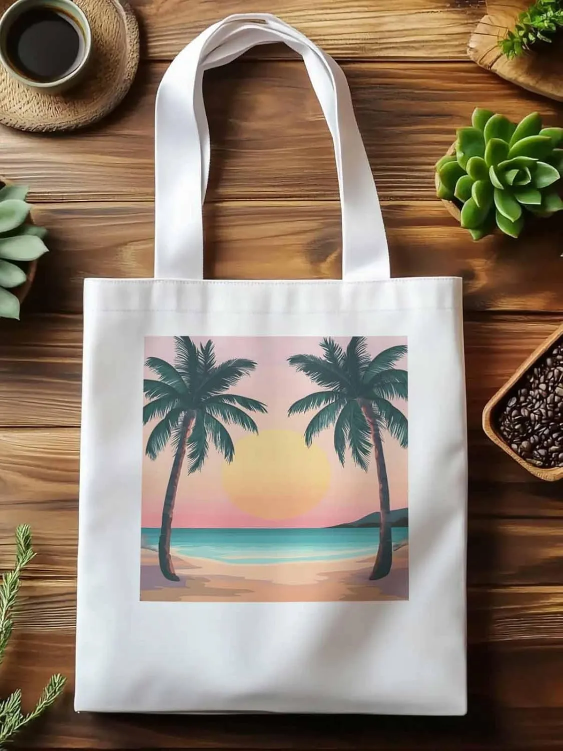 Palm Tree Pink Sunset Canvas Tote Bag, Aesthetic Canvas Tote Handbags for Women Shoulder Bag