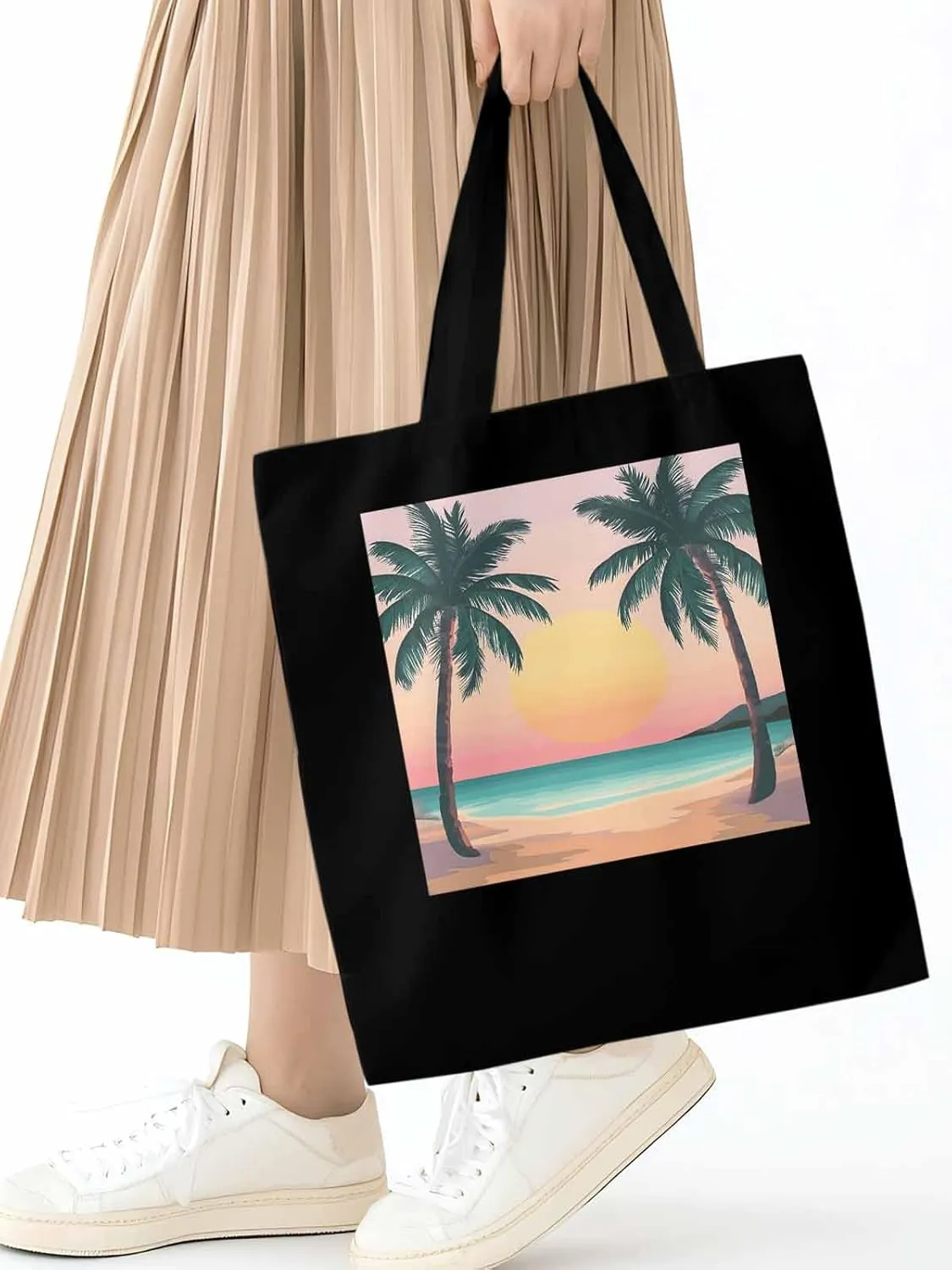 Palm Tree Pink Sunset Canvas Tote Bag, Aesthetic Canvas Tote Handbags for Women Shoulder Bag