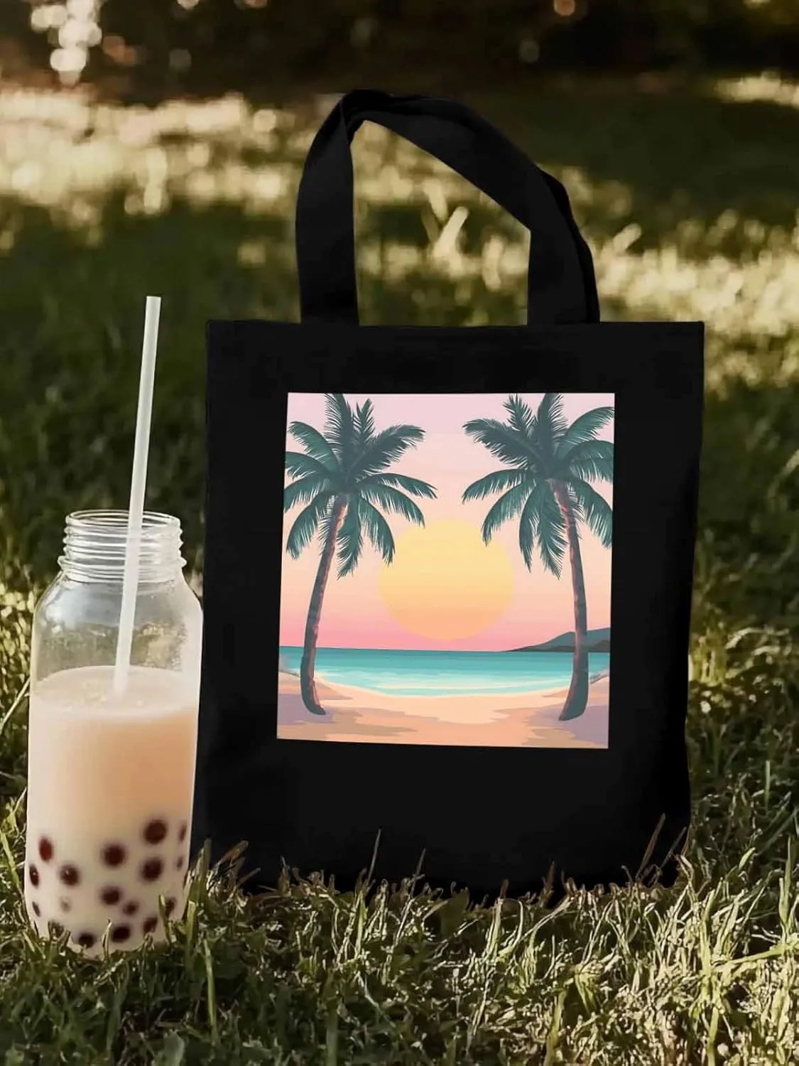 Palm Tree Pink Sunset Canvas Tote Bag, Aesthetic Canvas Tote Handbags for Women Shoulder Bag