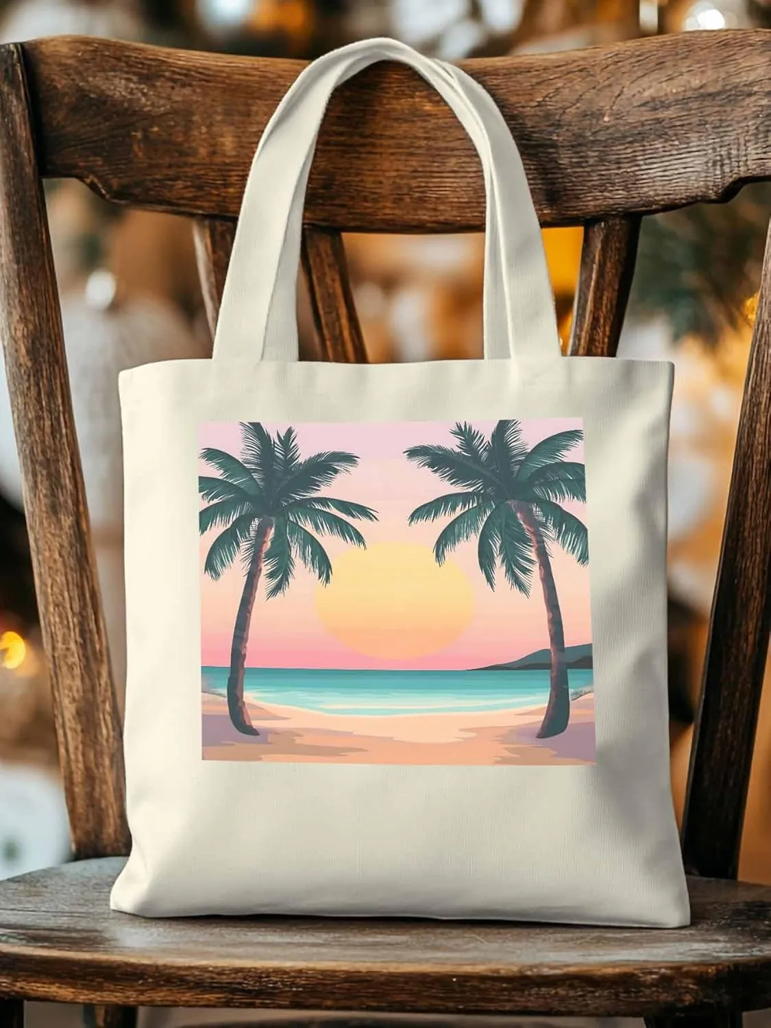 Palm Tree Pink Sunset Canvas Tote Bag, Aesthetic Canvas Tote Handbags for Women Shoulder Bag