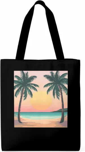 Palm Tree Pink Sunset Canvas Tote Bag, Aesthetic Canvas Tote Handbags for Women Shoulder Bag