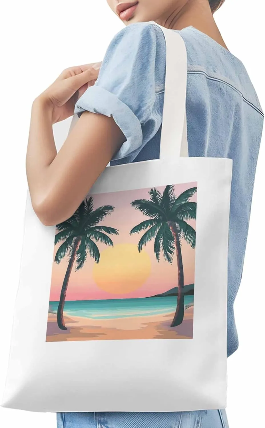 Palm Tree Pink Sunset Canvas Tote Bag, Aesthetic Canvas Tote Handbags for Women Shoulder Bag
