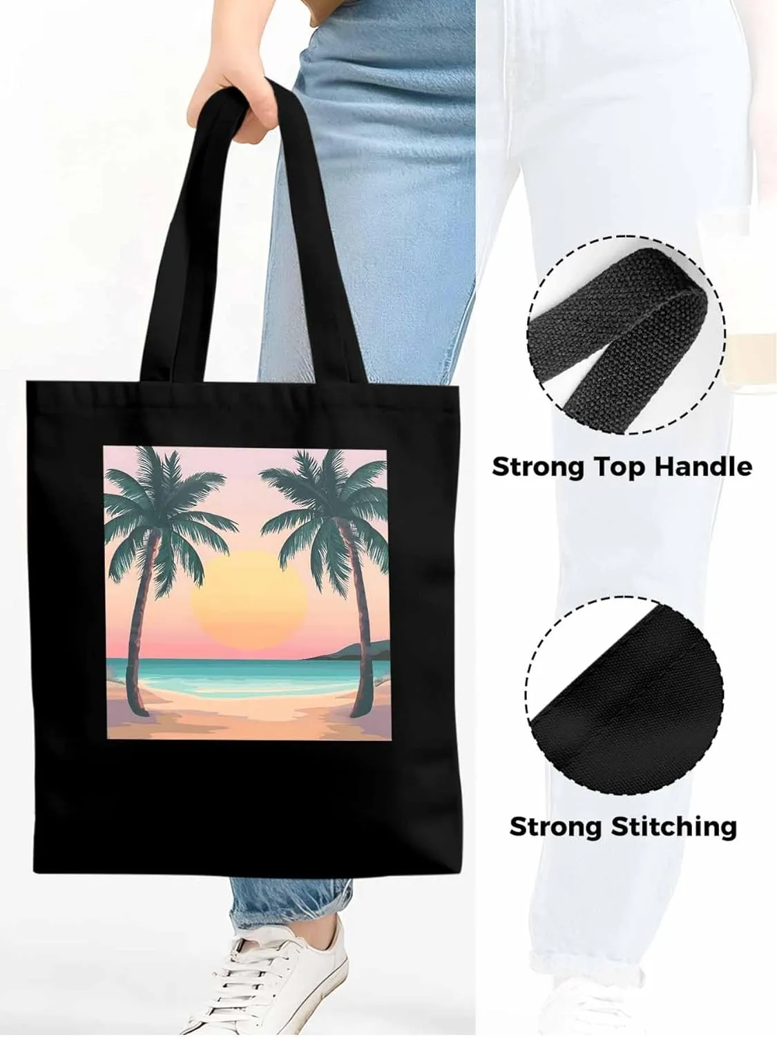 Palm Tree Pink Sunset Canvas Tote Bag, Aesthetic Canvas Tote Handbags for Women Shoulder Bag