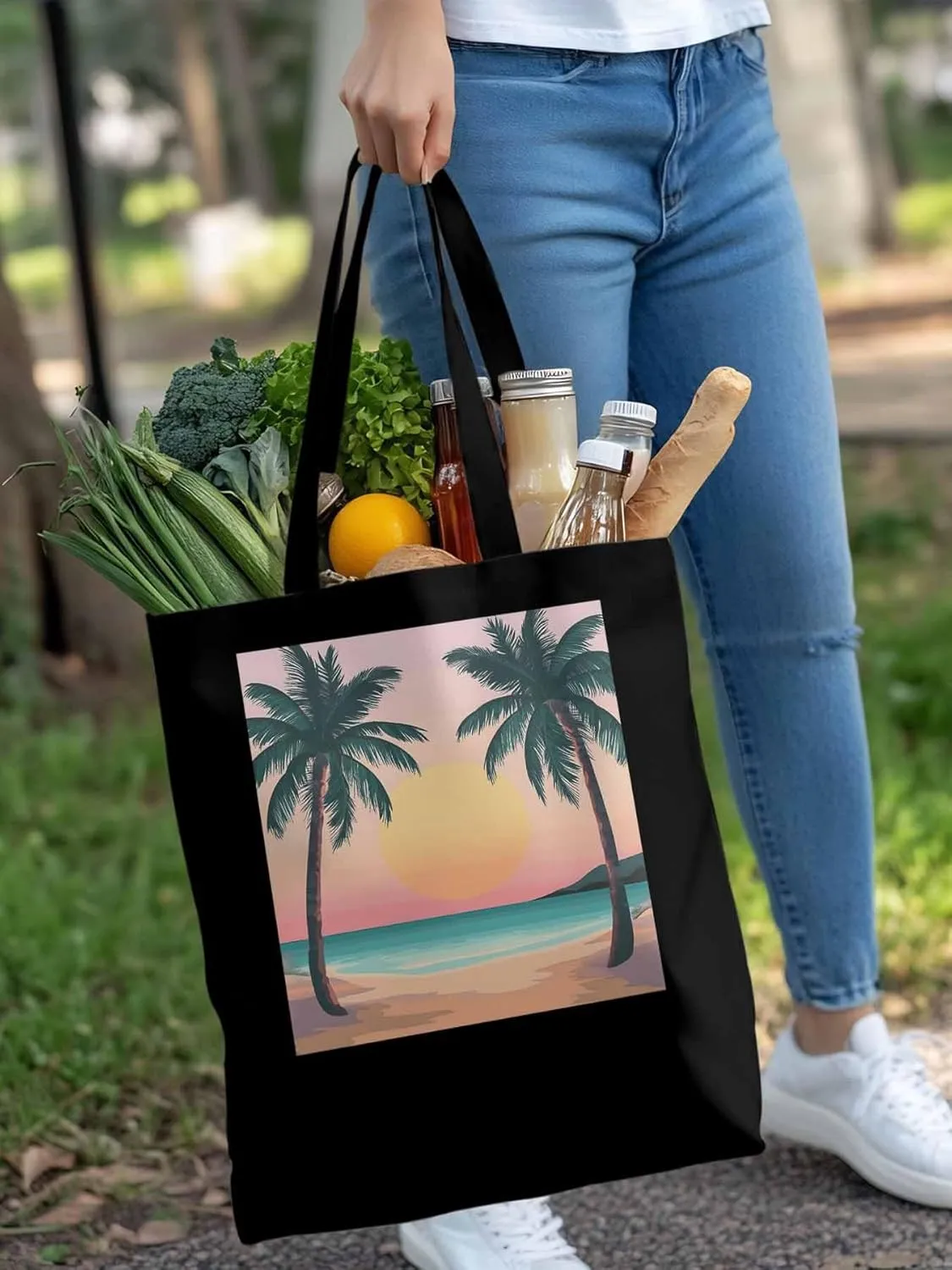 Palm Tree Pink Sunset Canvas Tote Bag, Aesthetic Canvas Tote Handbags for Women Shoulder Bag