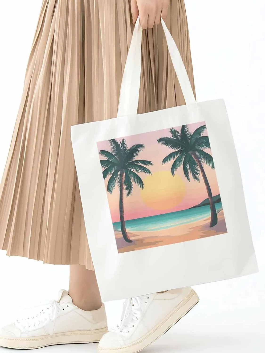 Palm Tree Pink Sunset Canvas Tote Bag, Aesthetic Canvas Tote Handbags for Women Shoulder Bag