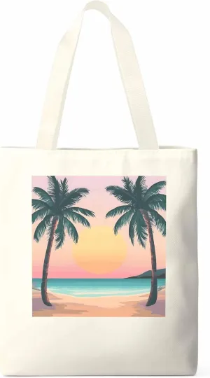 Palm Tree Pink Sunset Canvas Tote Bag, Aesthetic Canvas Tote Handbags for Women Shoulder Bag