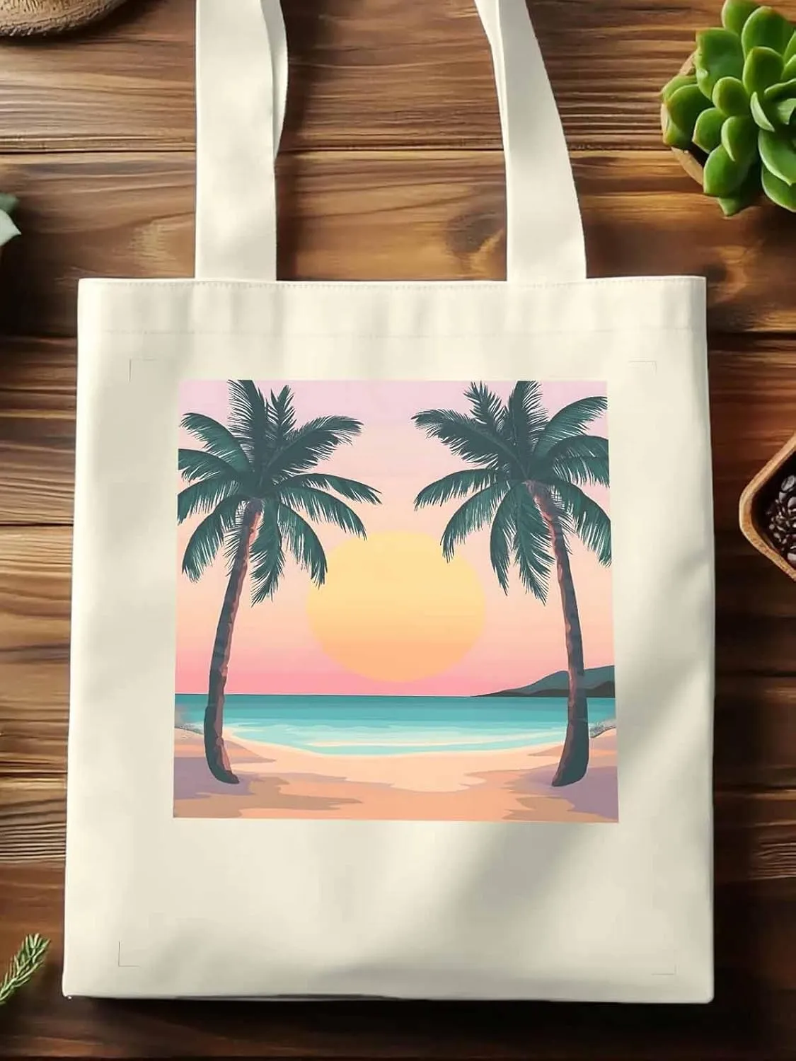 Palm Tree Pink Sunset Canvas Tote Bag, Aesthetic Canvas Tote Handbags for Women Shoulder Bag