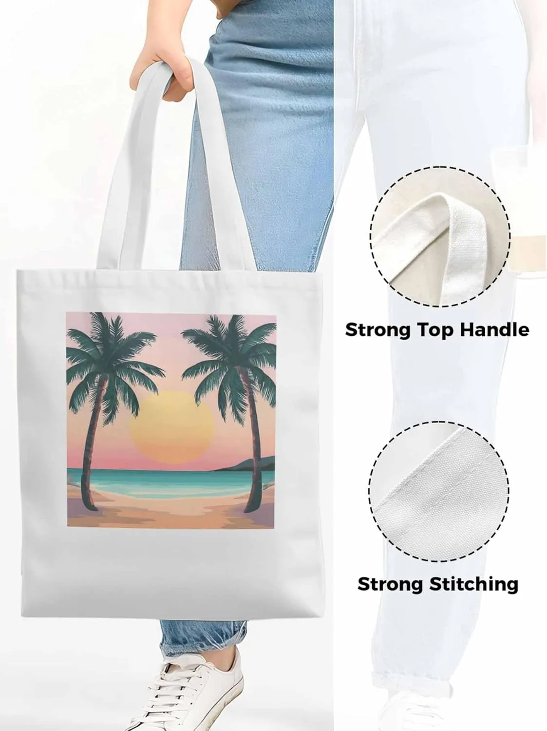 Palm Tree Pink Sunset Canvas Tote Bag, Aesthetic Canvas Tote Handbags for Women Shoulder Bag