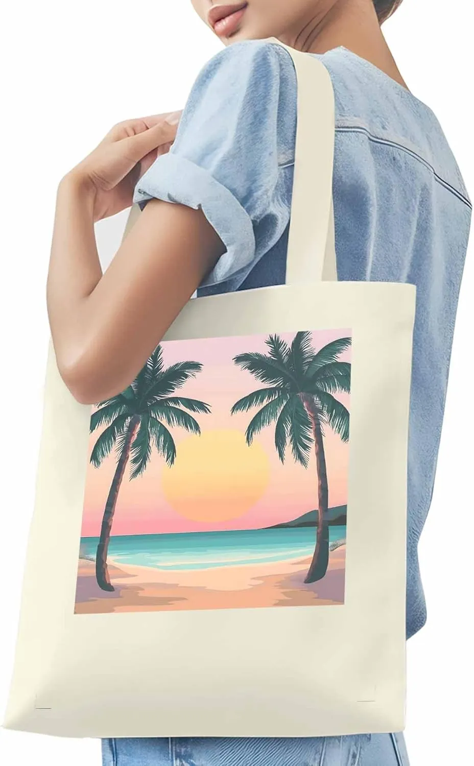 Palm Tree Pink Sunset Canvas Tote Bag, Aesthetic Canvas Tote Handbags for Women Shoulder Bag