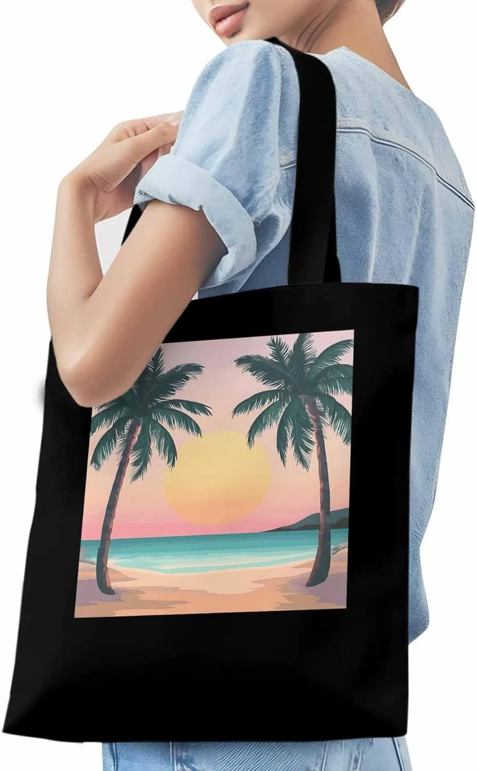 Palm Tree Pink Sunset Canvas Tote Bag, Aesthetic Canvas Tote Handbags for Women Shoulder Bag