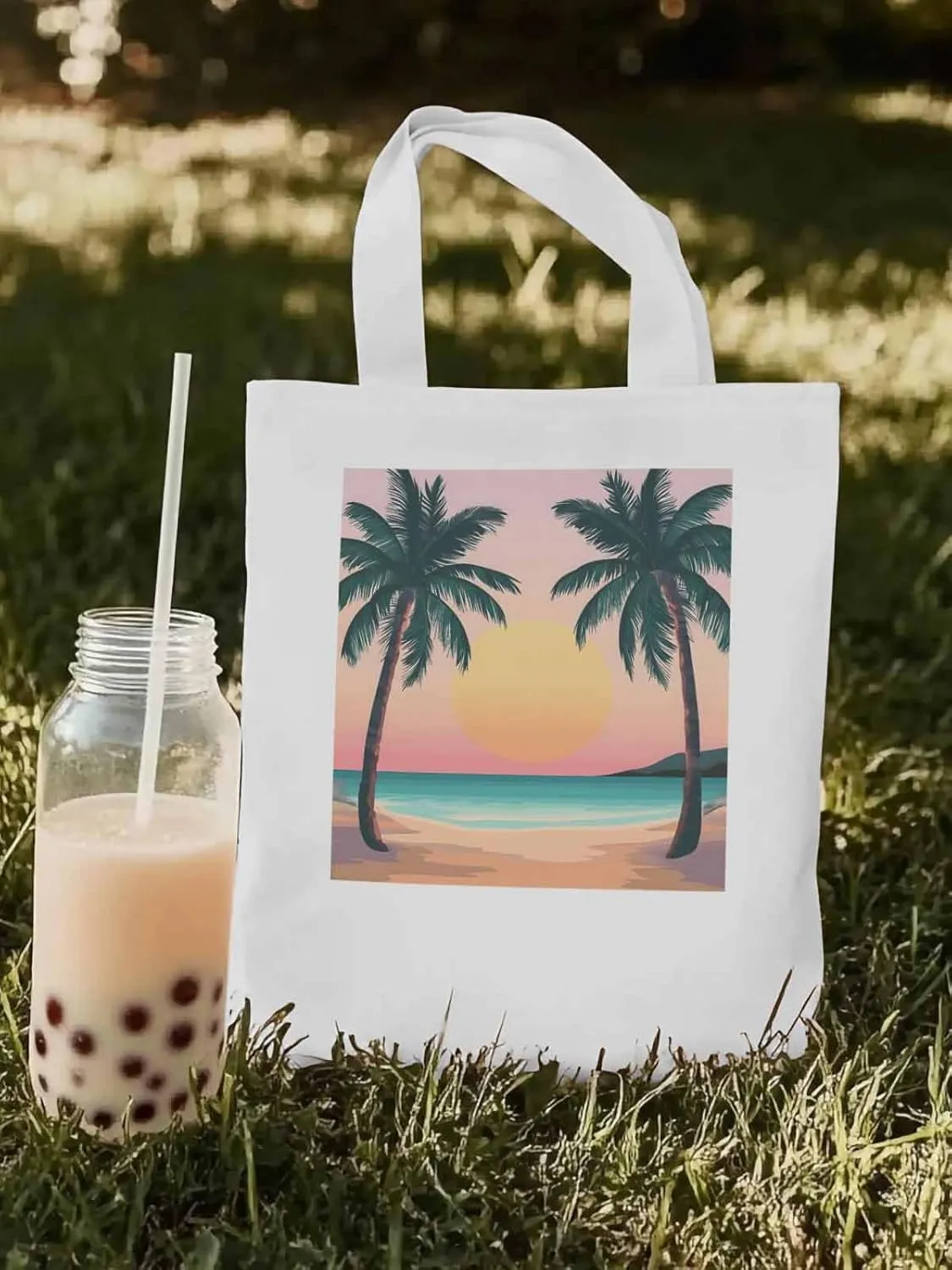 Palm Tree Pink Sunset Canvas Tote Bag, Aesthetic Canvas Tote Handbags for Women Shoulder Bag