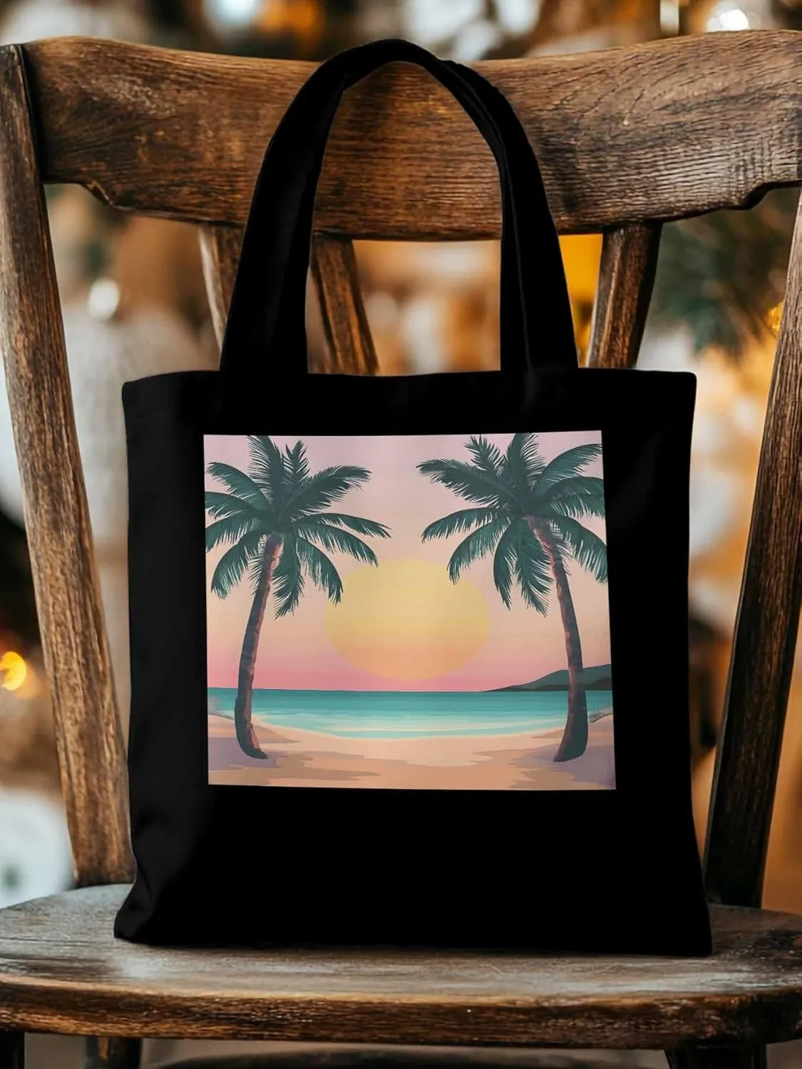 Palm Tree Pink Sunset Canvas Tote Bag, Aesthetic Canvas Tote Handbags for Women Shoulder Bag