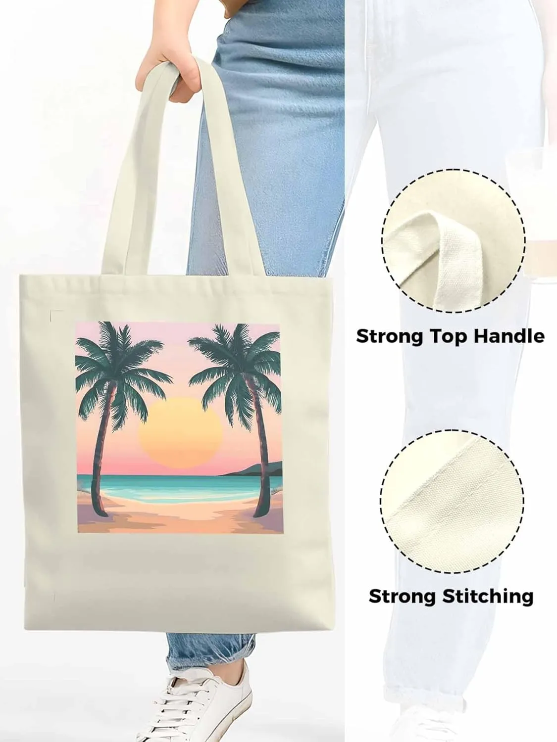 Palm Tree Pink Sunset Canvas Tote Bag, Aesthetic Canvas Tote Handbags for Women Shoulder Bag