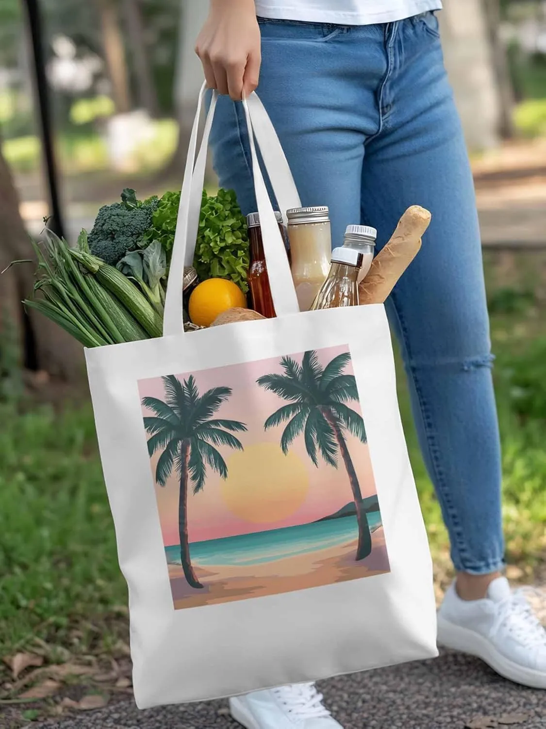 Palm Tree Pink Sunset Canvas Tote Bag, Aesthetic Canvas Tote Handbags for Women Shoulder Bag