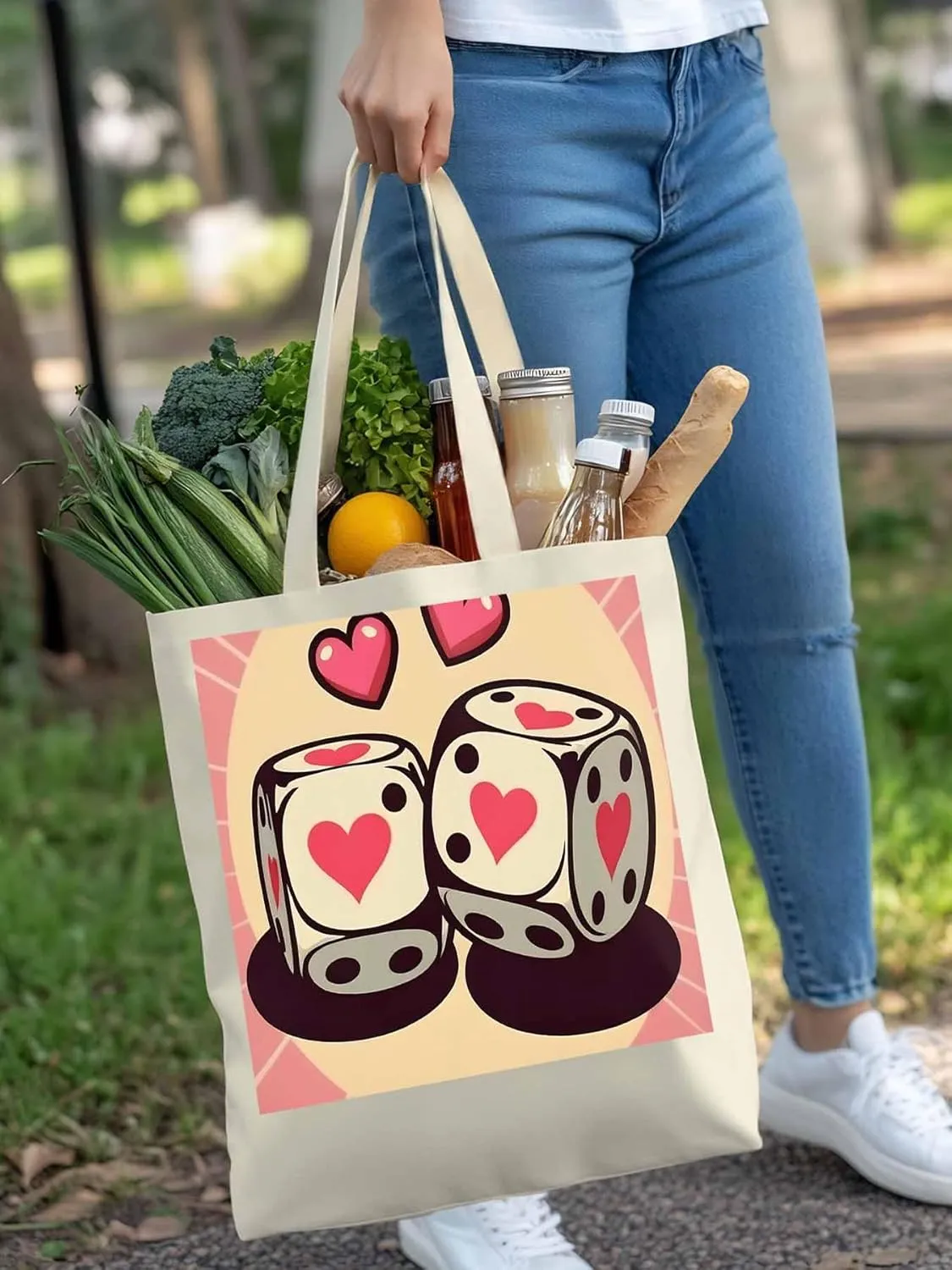 Pink Loves Valentine Canvas Tote Bag, Aesthetic Canvas Tote Handbags for Women Shoulder Bag