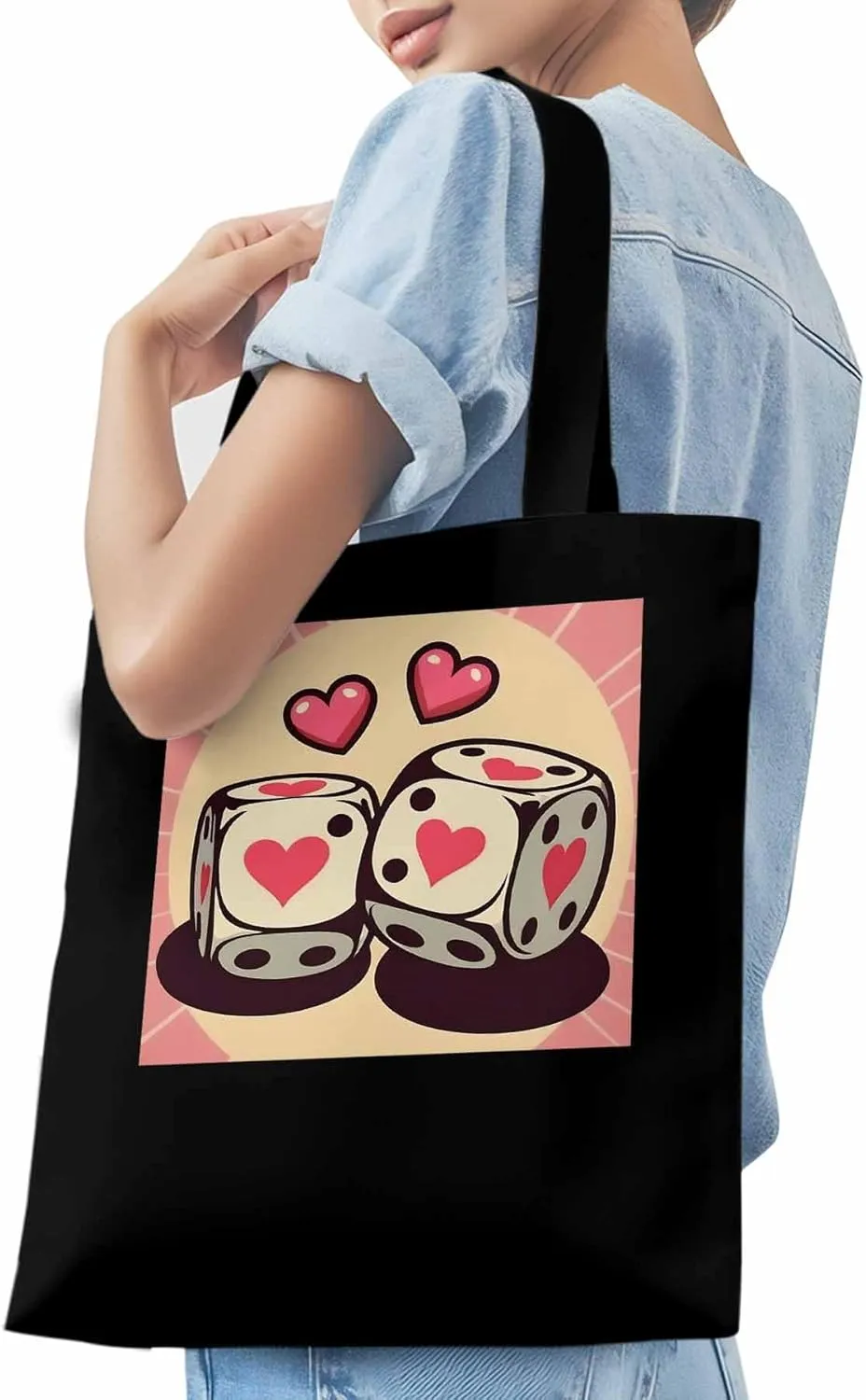 Pink Loves Valentine Canvas Tote Bag, Aesthetic Canvas Tote Handbags for Women Shoulder Bag