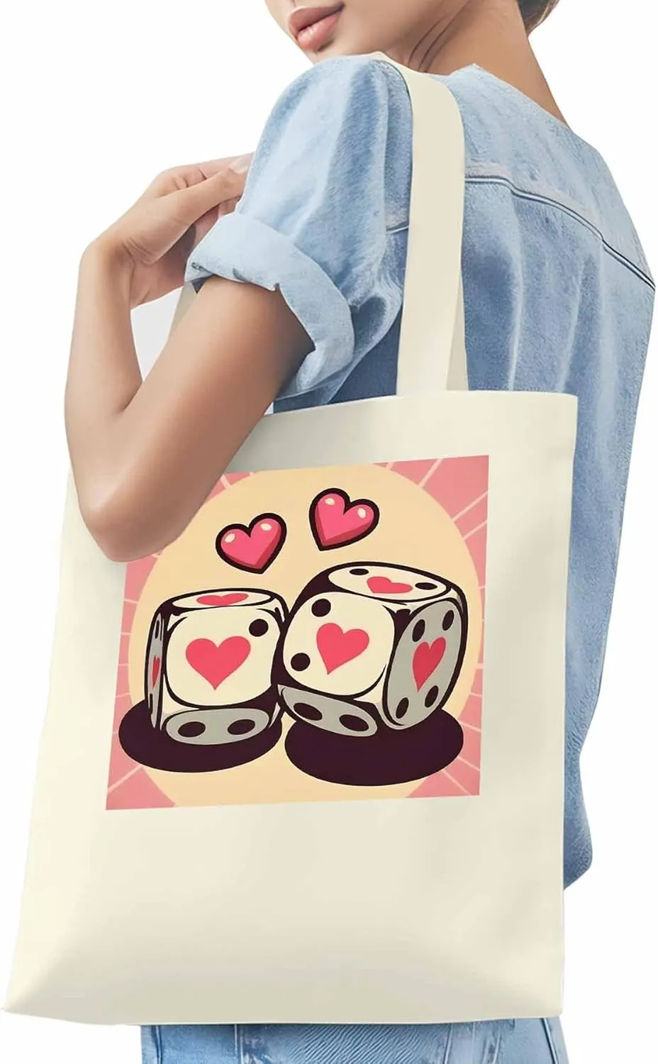 Pink Loves Valentine Canvas Tote Bag, Aesthetic Canvas Tote Handbags for Women Shoulder Bag