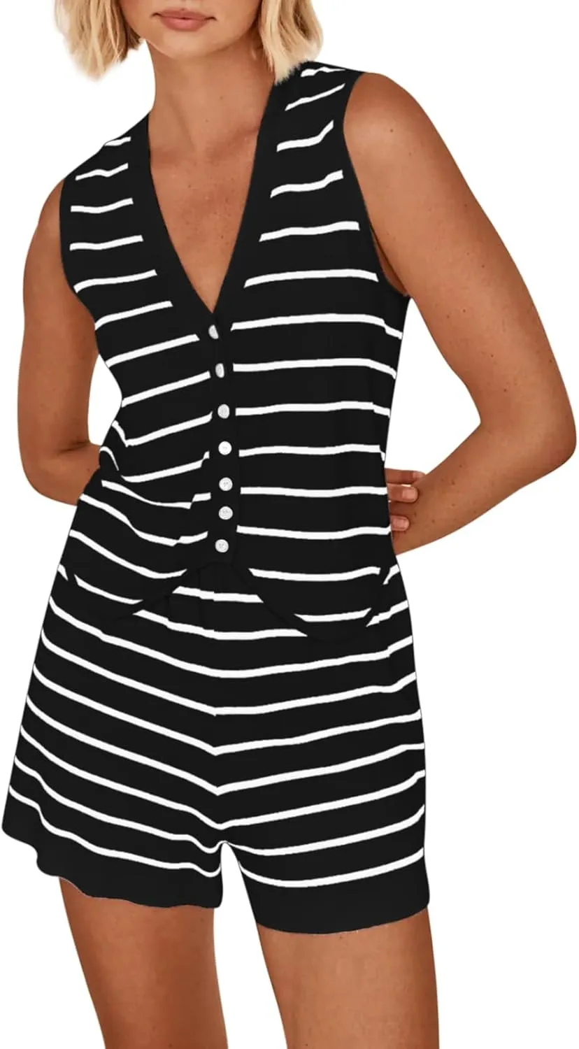 Pink Queen Vest Sets Women 2 Piece Outfits 2025 Summer Casual Knit Loungewear Sleeveless Button Down Top Matching Shorts Set