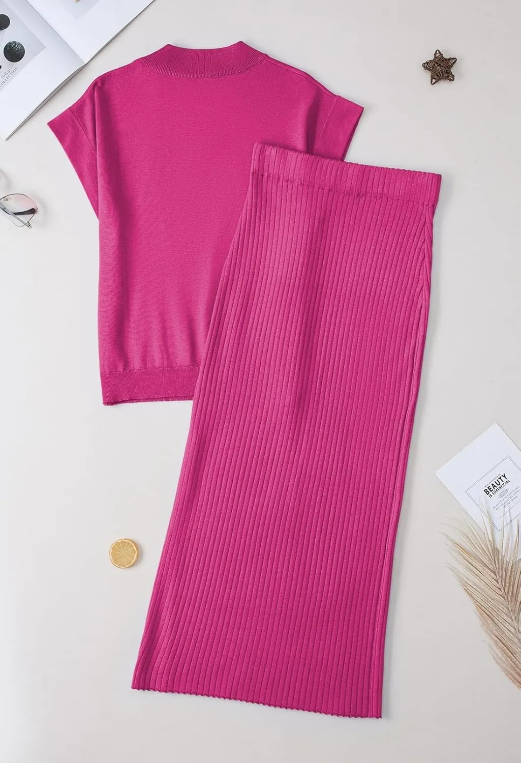 Pink Queen Women's 2 Piece Sweater Outfits Set Summer Cap Sleeve Tops Bodycon Maxi Long Skirt Knit Dresses