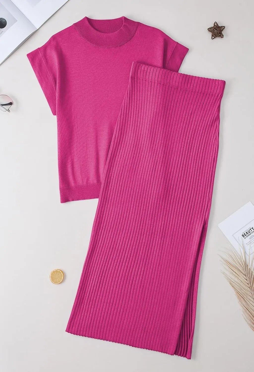 Pink Queen Women's 2 Piece Sweater Outfits Set Summer Cap Sleeve Tops Bodycon Maxi Long Skirt Knit Dresses