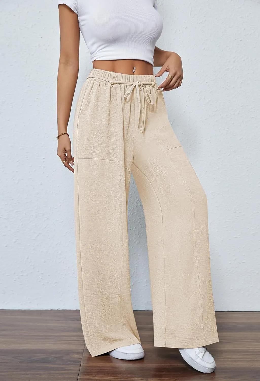 Pink Queen Womens Casual High Waist Pants Drawstring Loose Fit Summer Work Pants Trousers with Side Pockets