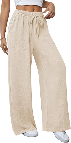 Pink Queen Womens Casual High Waist Pants Drawstring Loose Fit Summer Work Pants Trousers with Side Pockets