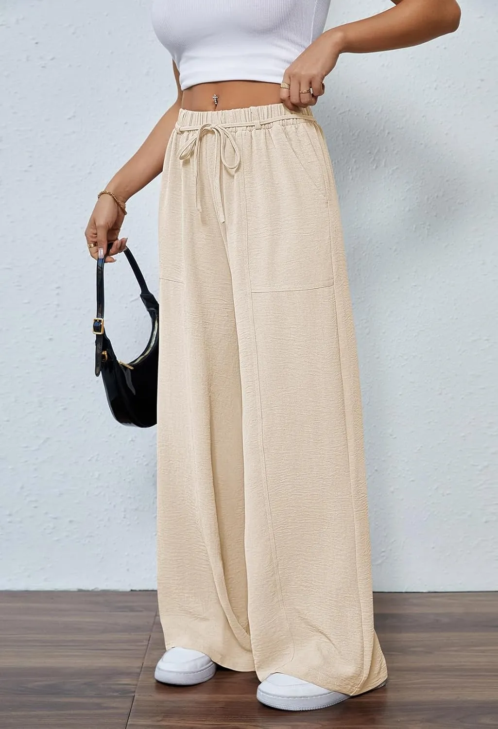 Pink Queen Womens Casual High Waist Pants Drawstring Loose Fit Summer Work Pants Trousers with Side Pockets