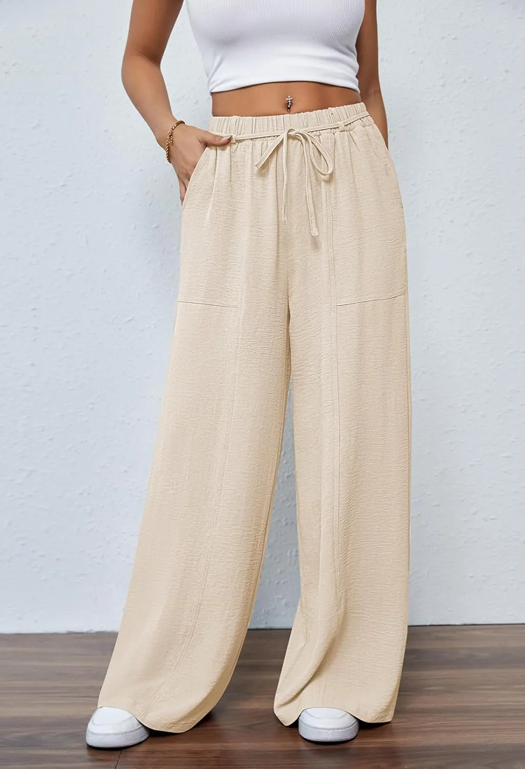 Pink Queen Womens Casual High Waist Pants Drawstring Loose Fit Summer Work Pants Trousers with Side Pockets