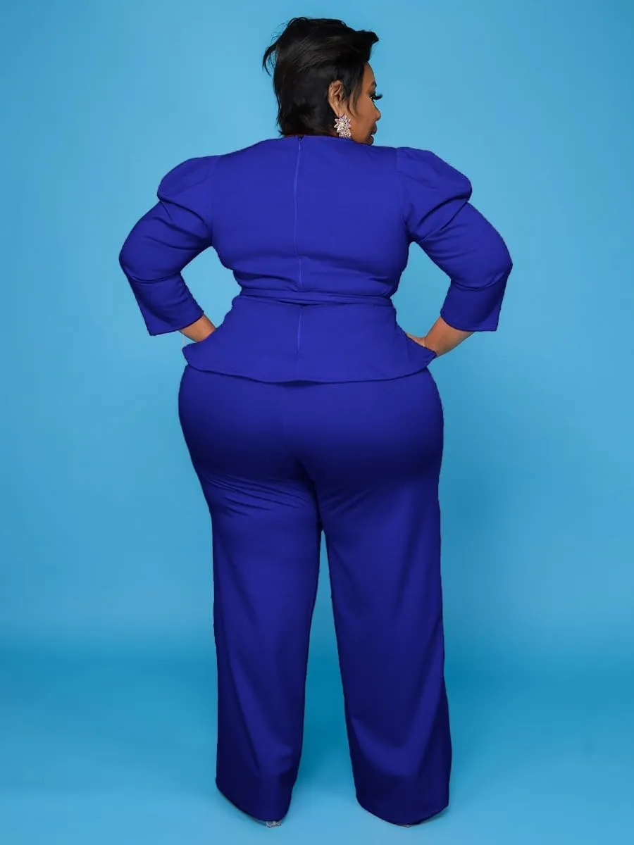 Plus Size 2 Piece Wide Leg Pants Set for Women Casual Long Sleeve Shirt Long Pant Sets Sexy With Belt