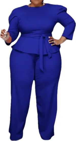 Plus Size 2 Piece Wide Leg Pants Set for Women Casual Long Sleeve Shirt Long Pant Sets Sexy With Belt