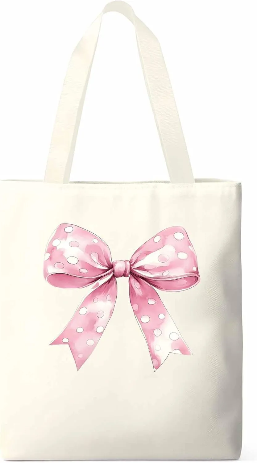Polka Dot Pink Bowknot Canvas Tote Bag, Aesthetic Canvas Tote Handbags for Women Shoulder Bag