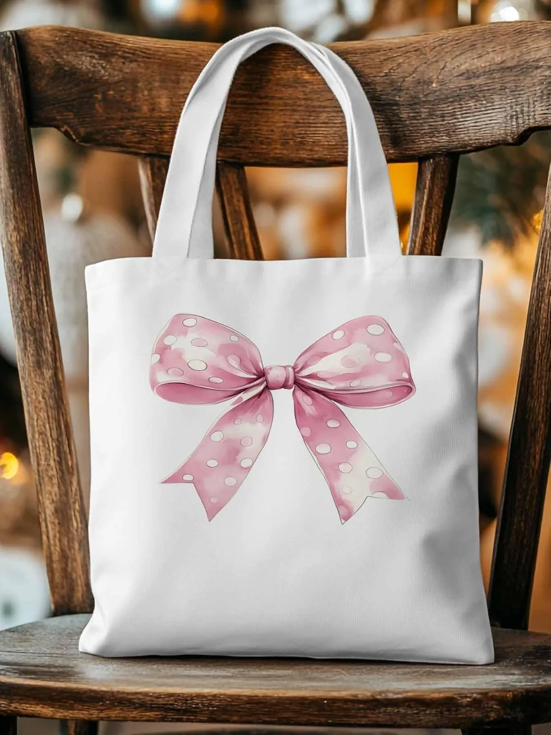 Polka Dot Pink Bowknot Canvas Tote Bag, Aesthetic Canvas Tote Handbags for Women Shoulder Bag